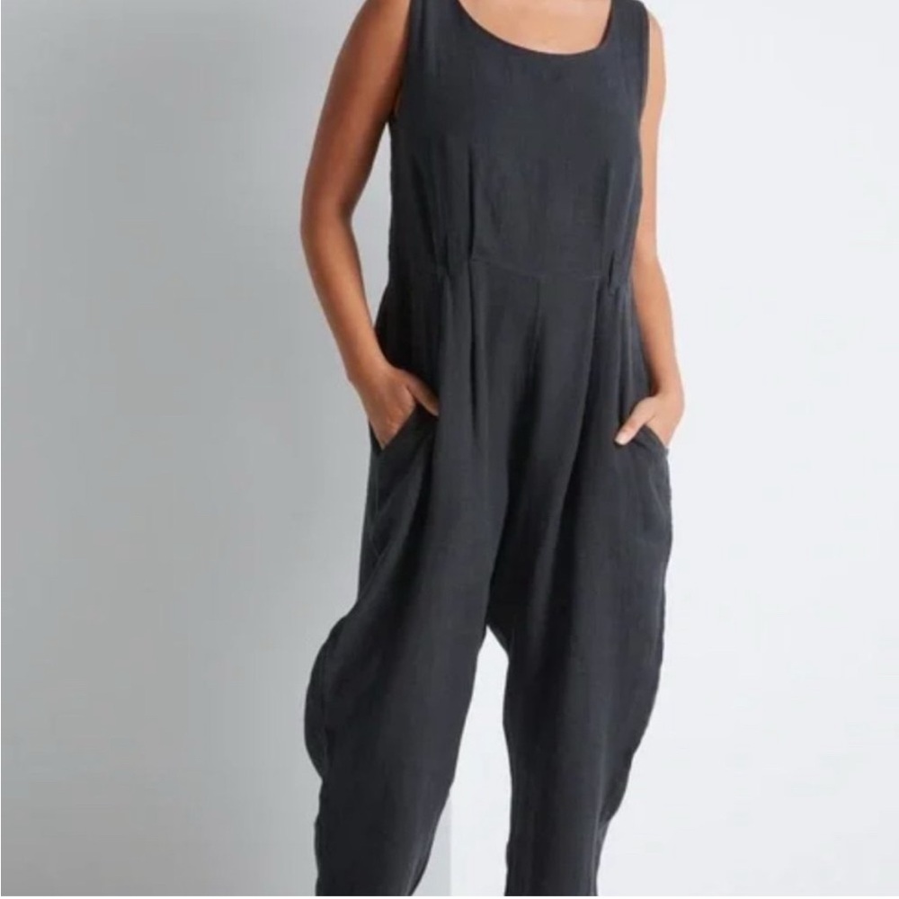 Black Crane Linen Jumpsuit Overalls